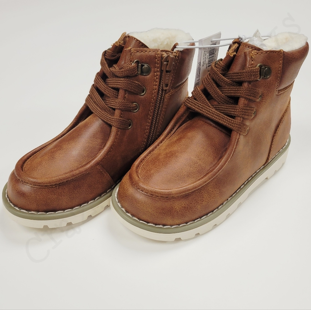 Old Navy Faux Leather Side Zip Lace-up Toddler Boots, Brown, Sherpa Lining Sz 10